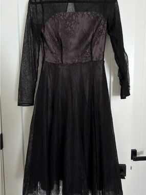 Sheer Lace Long-Sleeve Black Midi Dress